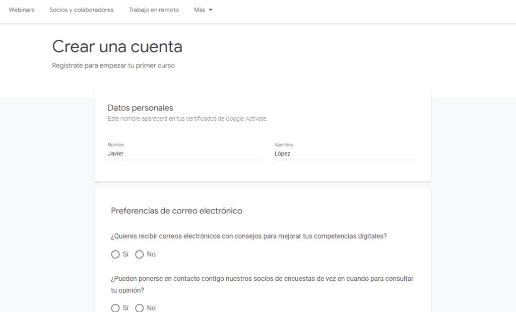 apuntarte a un curso gratis de Google paso2